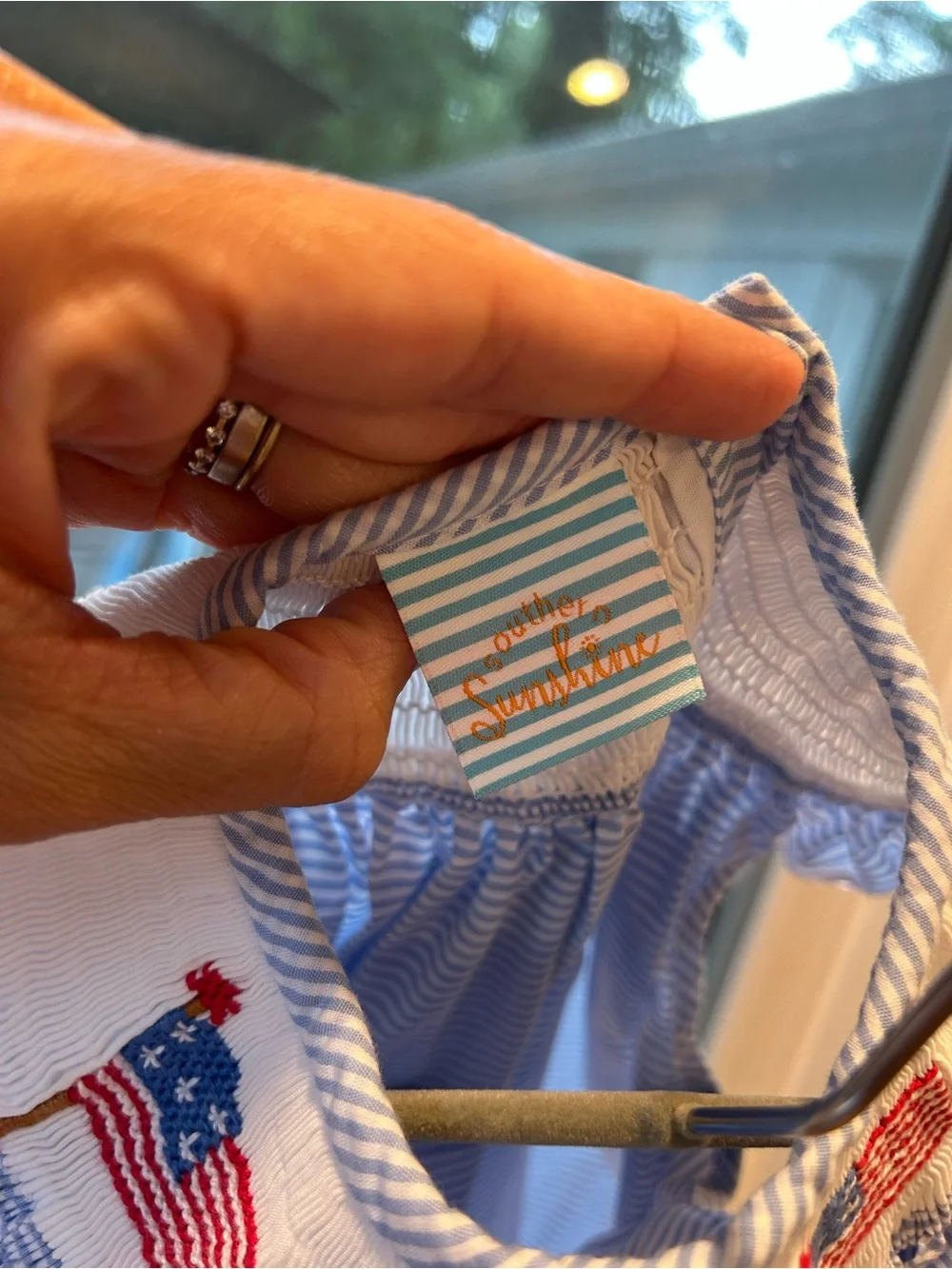 Smocked Baby Bubble Romper with Flag Motif - Blue & White